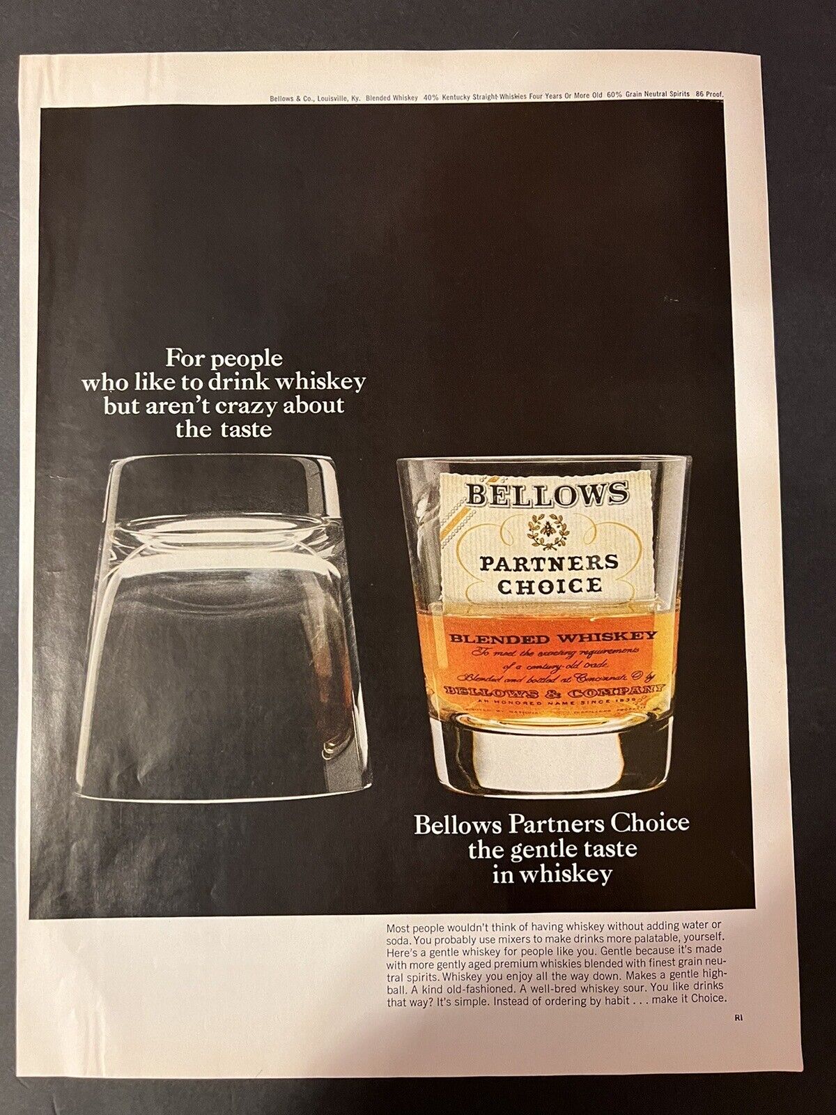 Vtg 1960s Bellows Partners Choice Blended Whiskey Ad The Gentle Taste in Whiskey