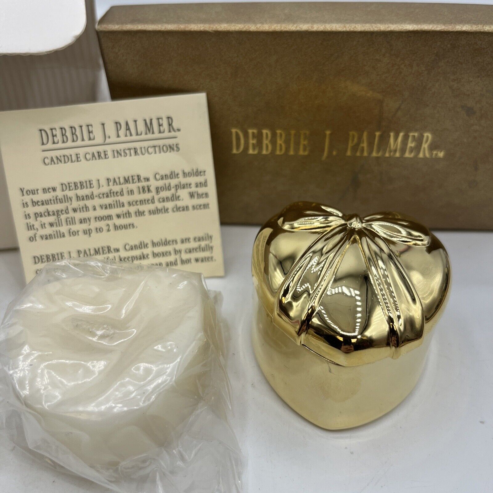 Gold Tone Debbie J. Palmer Heart & Bow Tea Light Candle Holder NIB W 2 Candles