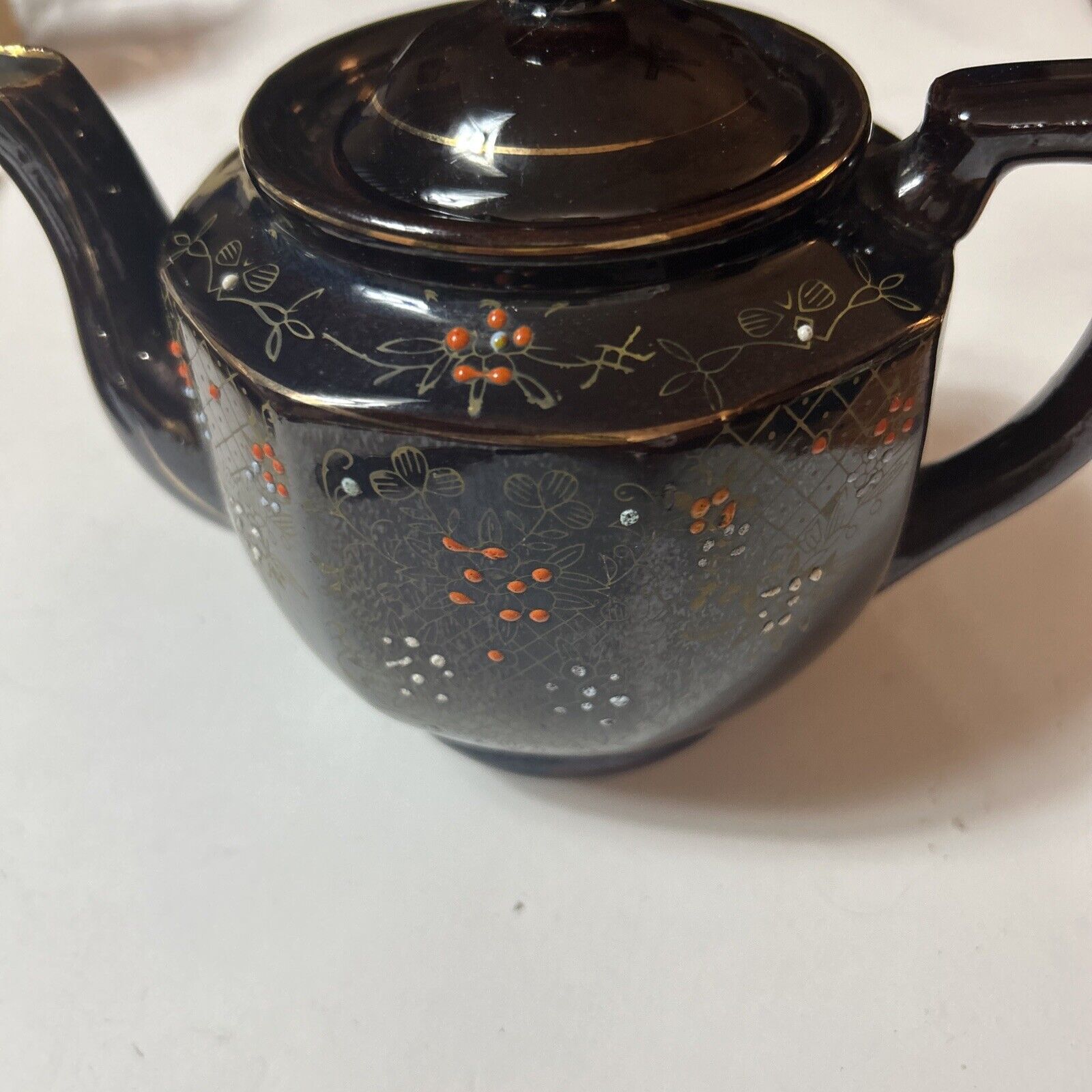 Vintage Brown Betty Redware Teapot Moriage Enamel Hand Painted Made In Japan