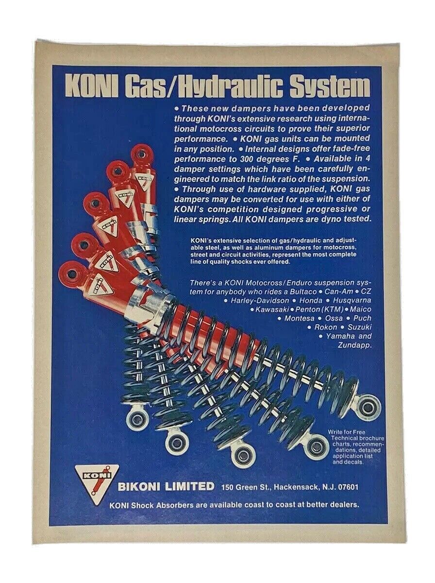 1974 KONI Gas/Hydraulic Enduro Suspension System Shock Absorbers Print Ad VTG MX