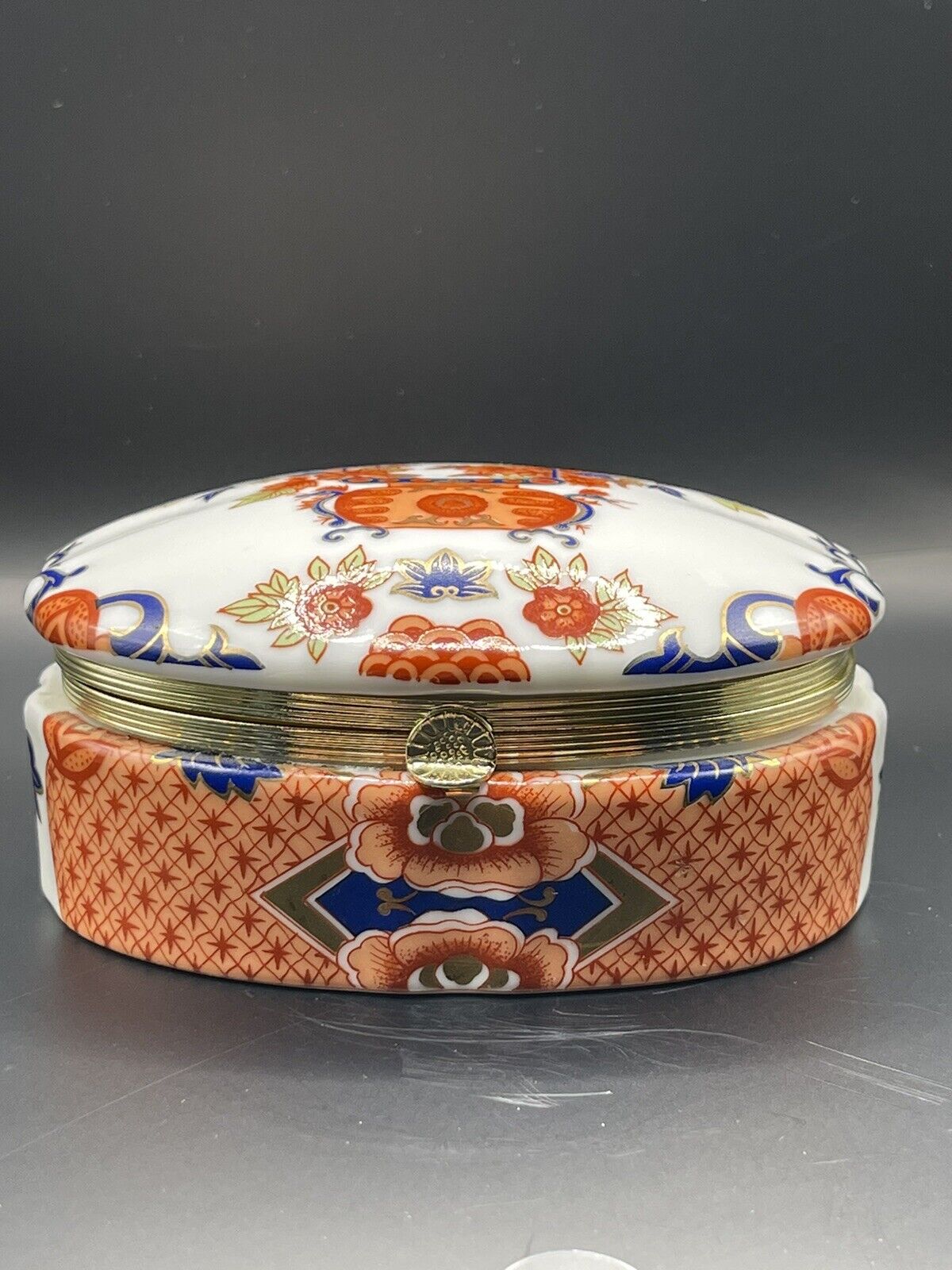 Beautiful Oval Gold Hinged Hand Painted Trinket Box-Andrea By Sadek 8750