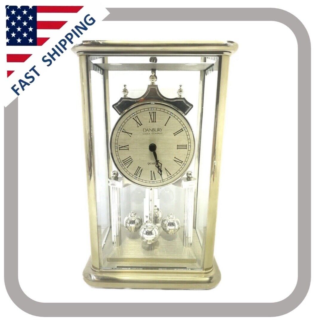 Vintage Danbury Clock Company Square Brass Quartz Torsion And Glass Mantle Clock