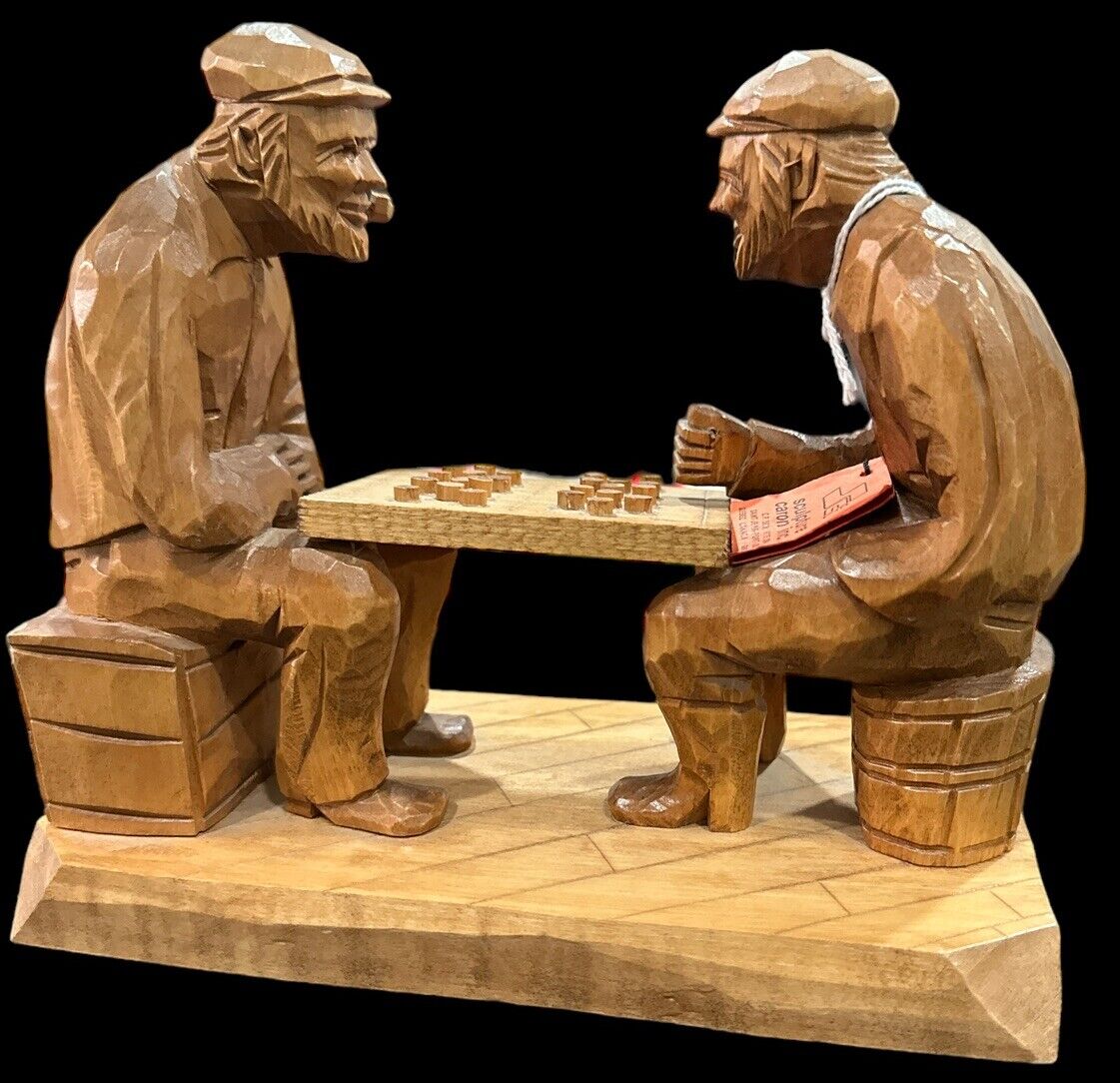 vintage   Sculpture Wood Checkers Game Folk Art Canadian Artwork Caron Carving