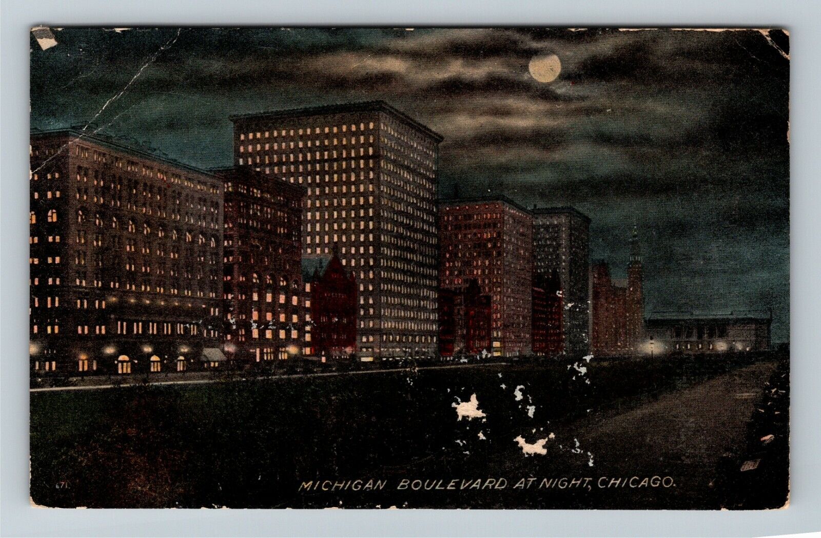 Chicago IL, Michigan Boulevard At Night, Moonlight, Illinois Vintage Postcard
