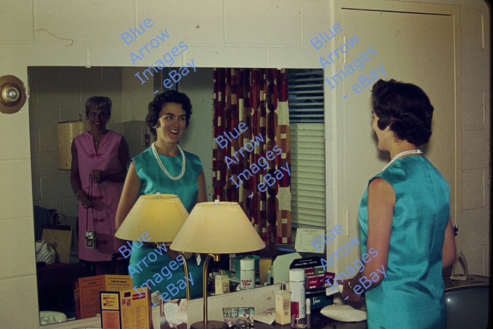 1966 35mm slide Well Dressed Women Motel Room Aqua Net on Counter #1727