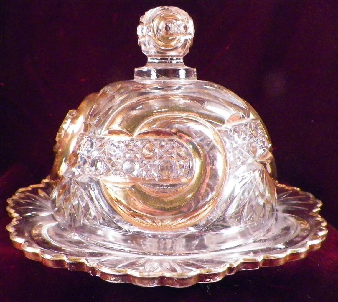 Scroll with Cane Band Butter Dish W Virginia Glass Pressed Clear Gold Antique