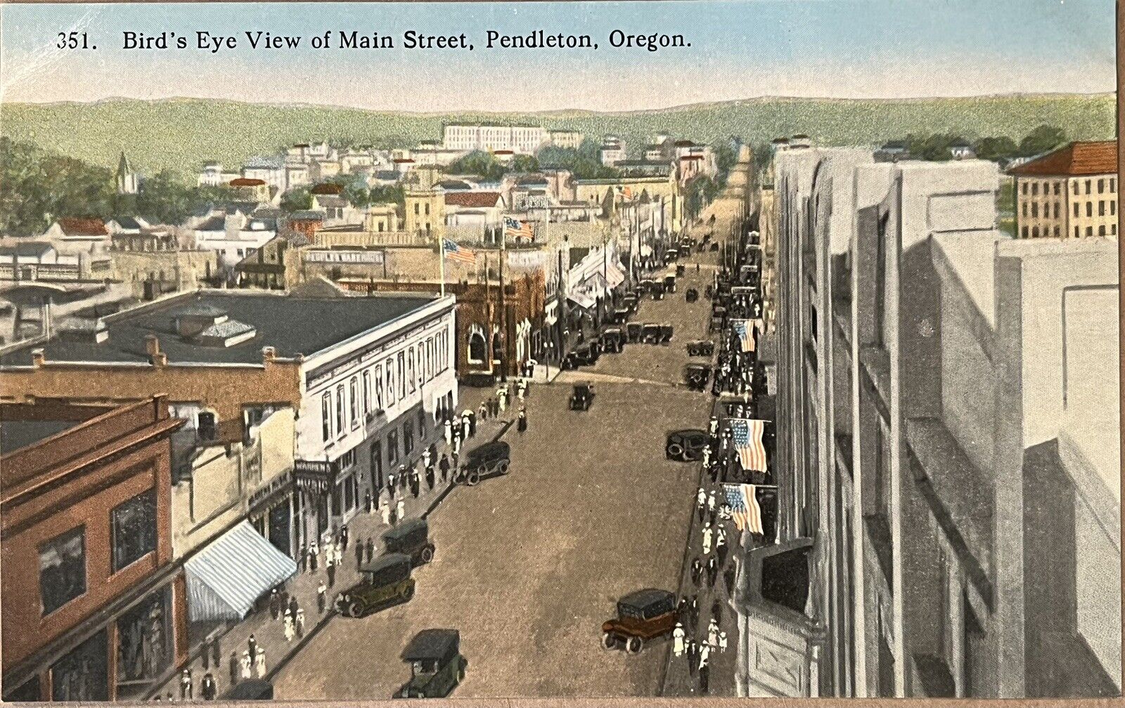 Pendleton Oregon Main Street Scene Birds Eye View Antique Vintage Postcard c1910