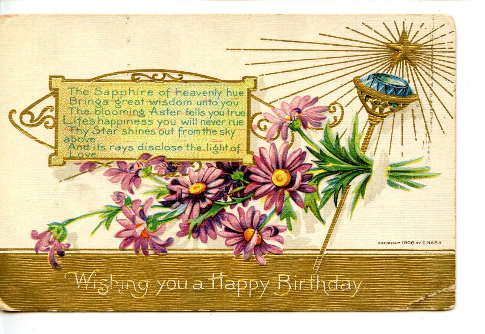 September Sapphire Birthday Month Stone-Vintage 1909 Greeting Postcard