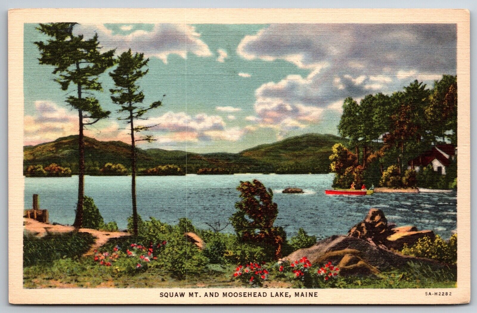 Squaw Mountain MT and Moosehead Lake Maine ME Canoes Beach Linen Postcard