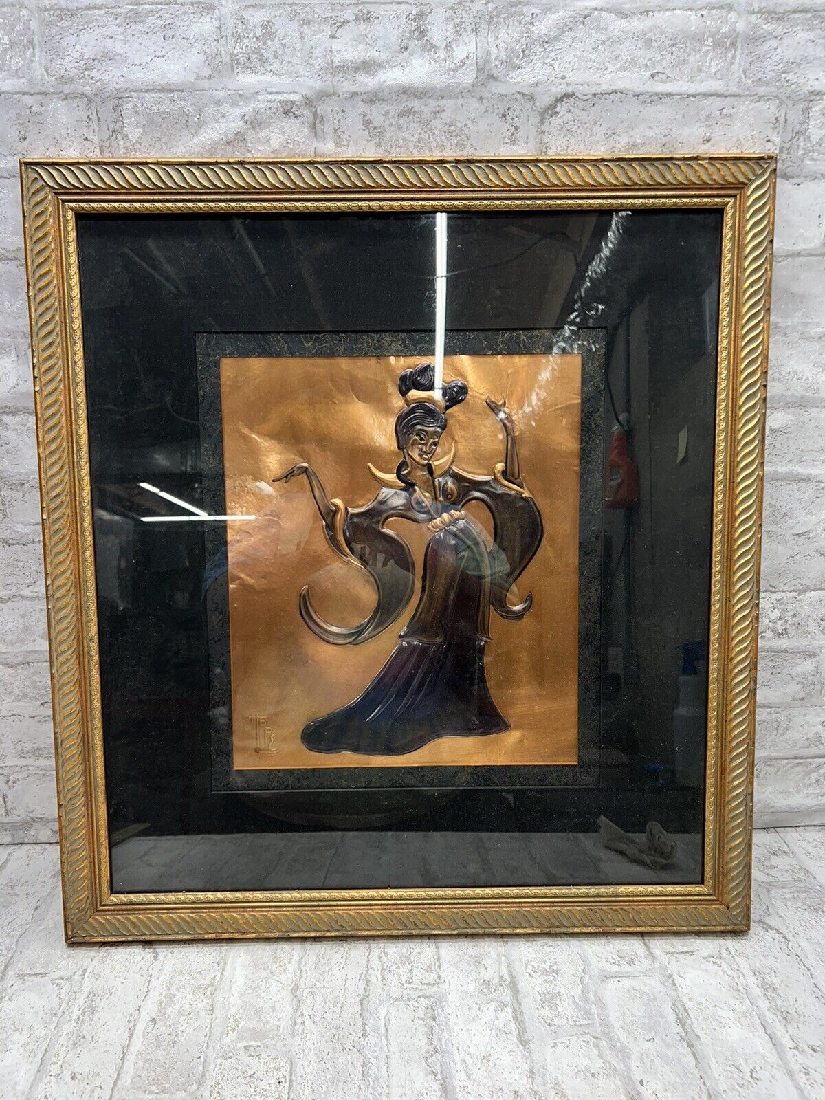 Rare Art Deco MCM Copper Art Asian Dancing Lady Wall Hanging Signed Hope Framed
