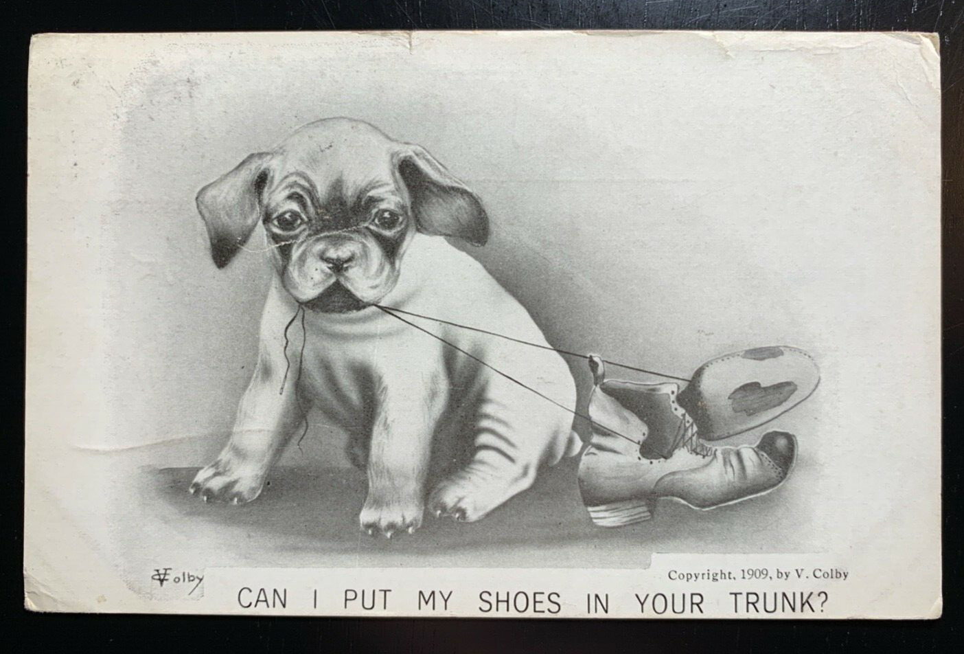 Postcard Artist: Volby Puppy Dog Playing with Shoes