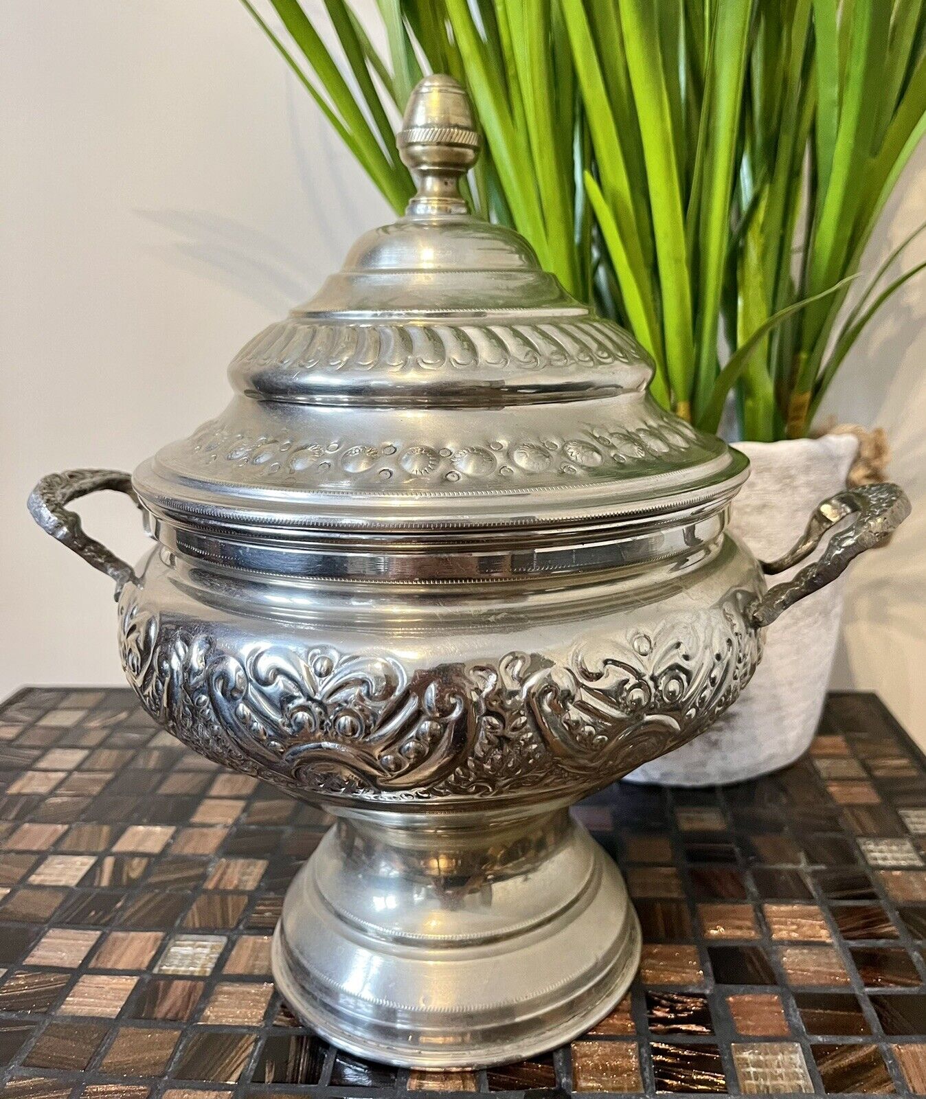 1960’ Middle East Silver Metal With Brass Candy Bowl Serving Dish 11” Tall