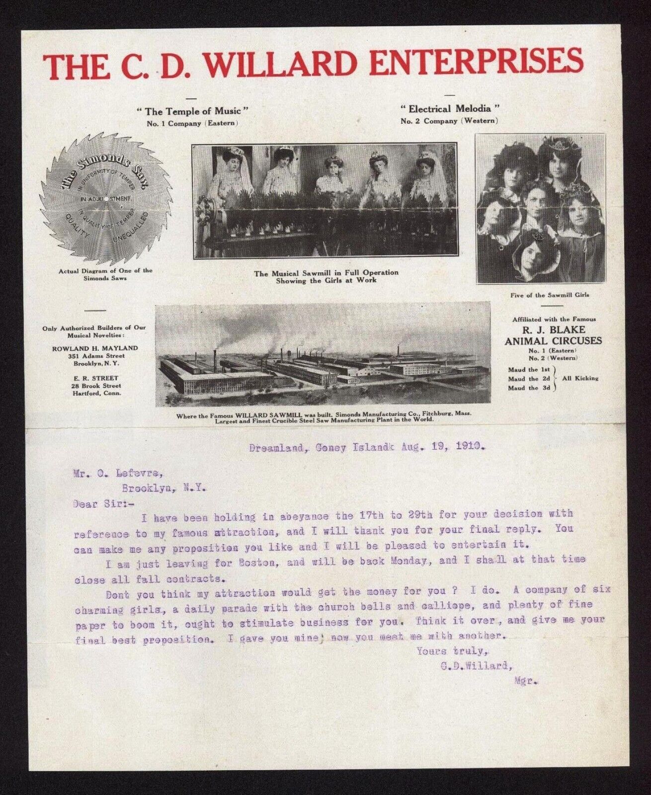 1910 Dreamland Coney Island - C D Willard - Sawmill Girls  RARE Letter Head Bill