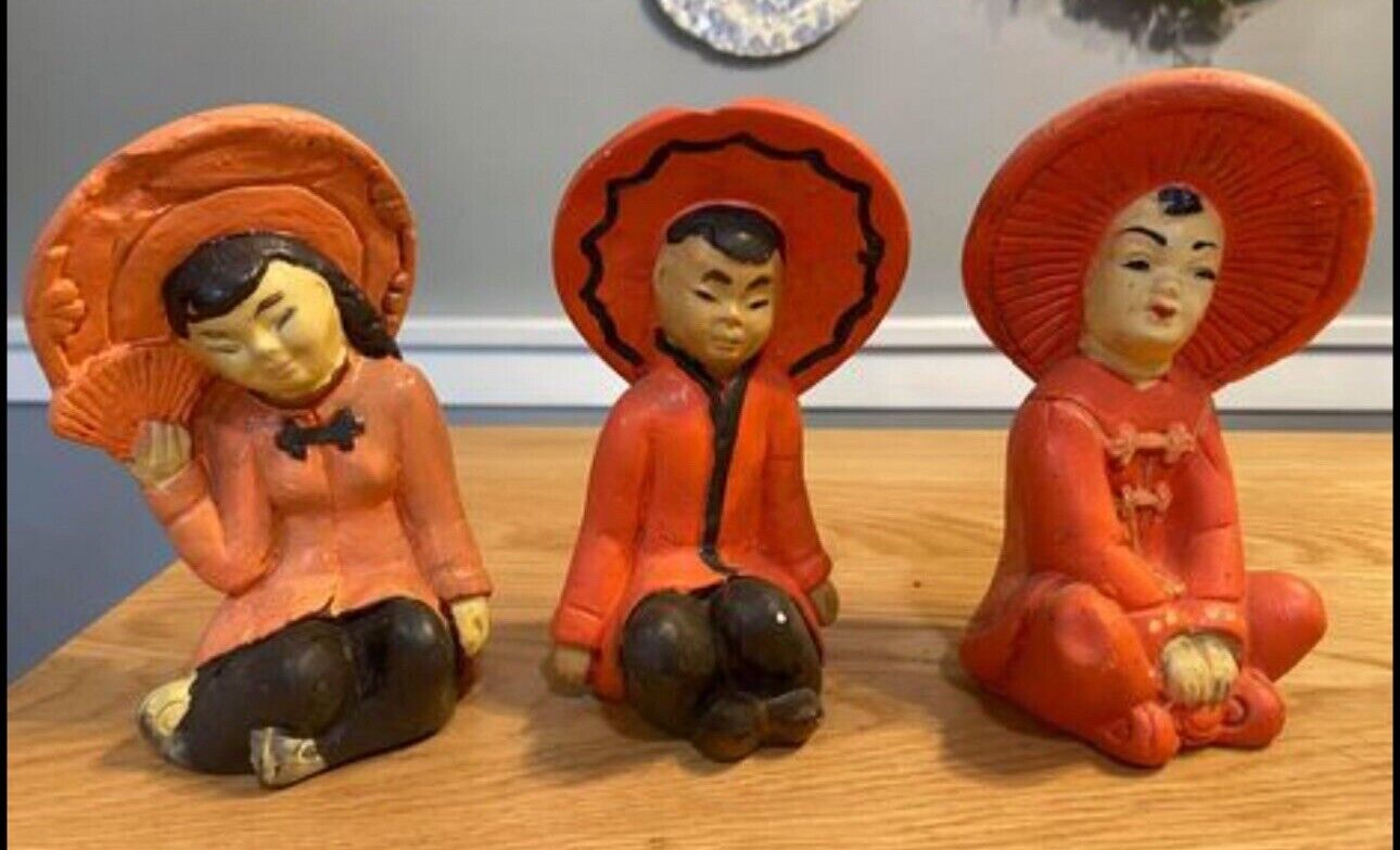 Mid Century Vintage Red Painted  Chalkware Asian Oriental Seated Figurines (3)