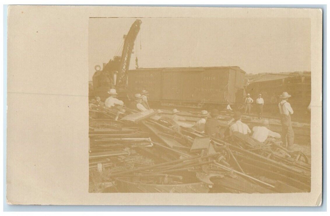 c1910's Locomotive Wreck Disaster Crane CMStP&P Nachusa IL RPPC Photo Postcard