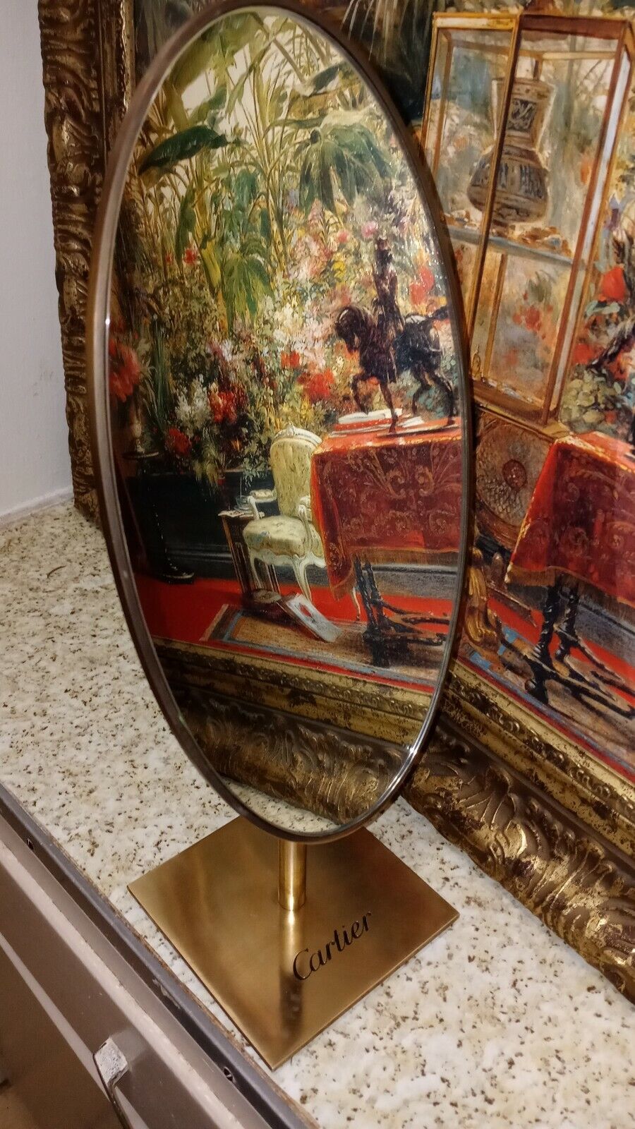 Vintage Classic CARTIER Bronze Oval Vanity Display Mirror -  