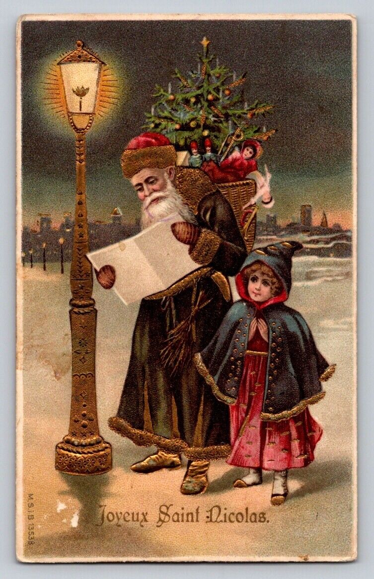 c1905 Old World Santa Claus Streetlamp Toy Tree Girl  Gilt Christmas P261 Posted