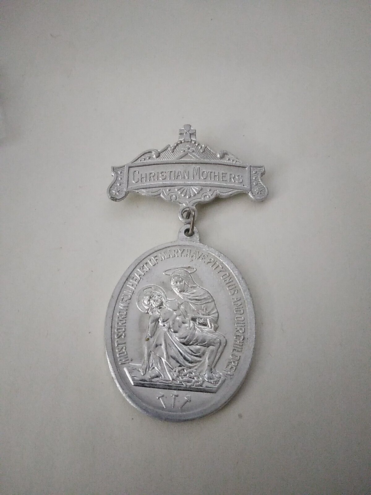 Vtg Christian Mothers Mary St Joseph Aluminum Medal Pin Pray For Us Catholicism 