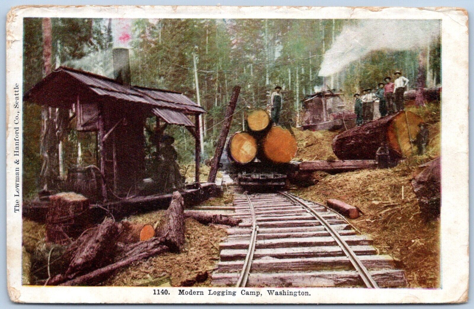 Postcard WA Washington Modern Logging Camp Railroad Tracks Loading Flatcar P6A