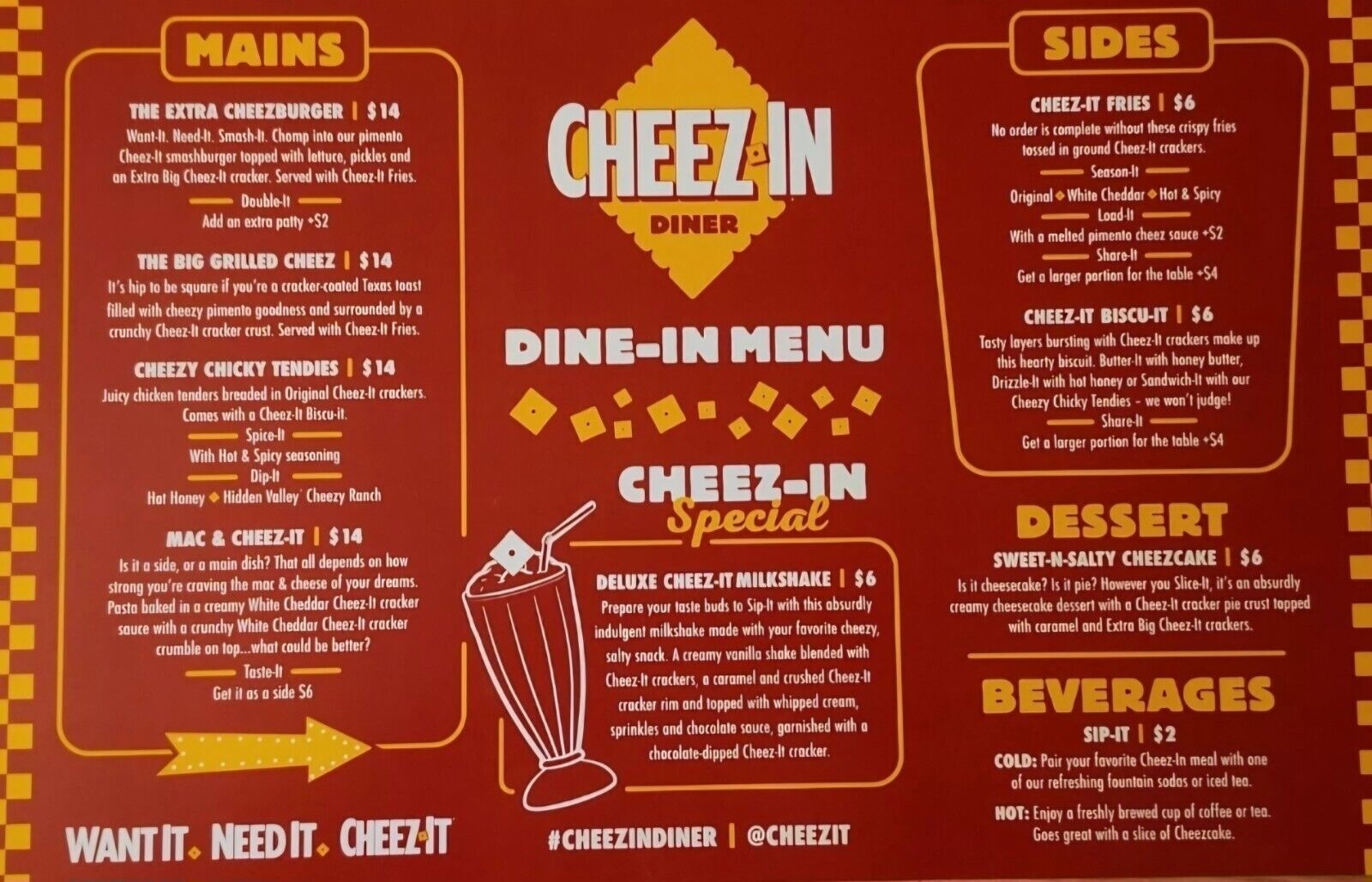 Rare Limited Edition Cheez-In Diner Menu