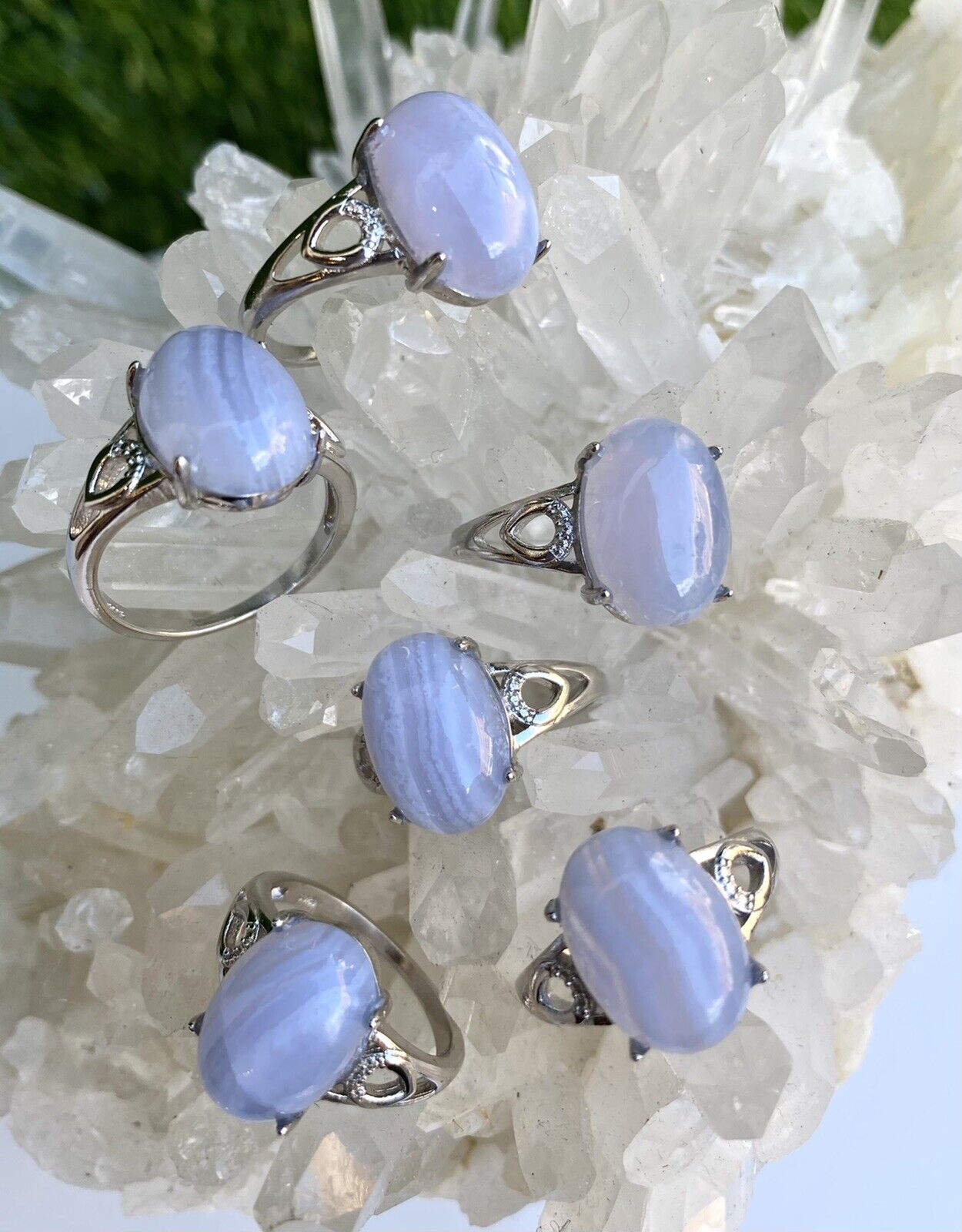 Wholesale Lot 6 Pcs Natural Blue Lace Agate White Bronze Rings Crystal