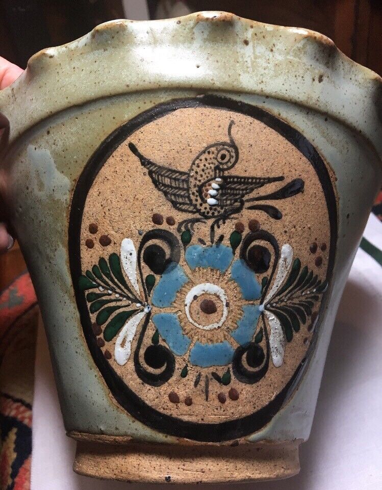 Mexico Hanging Planter Ken Edward\'s style handmade/painted pottery bird motif