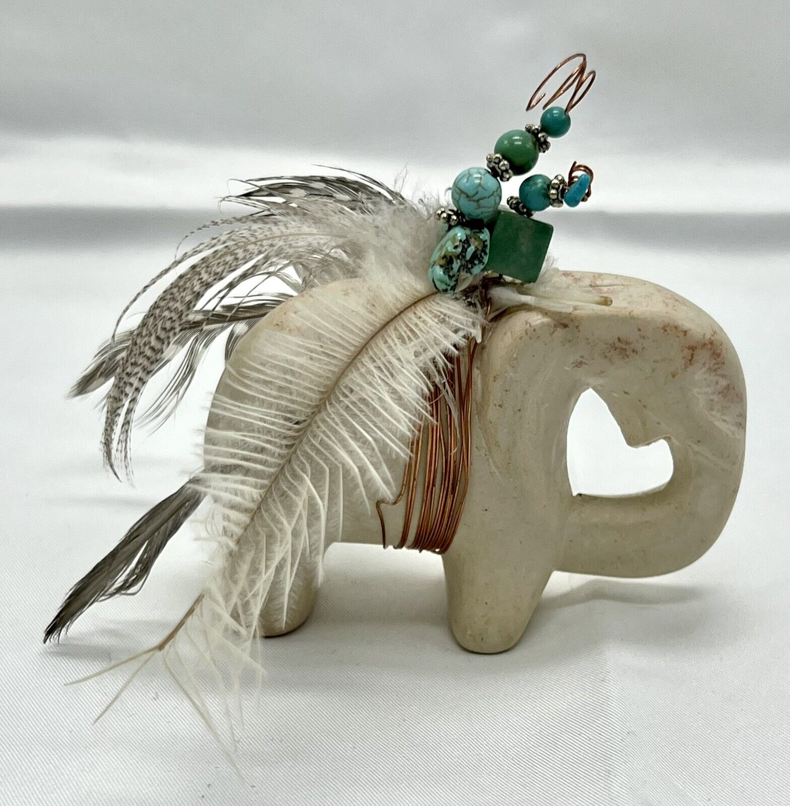 Elephant Fetish Made Of Stone With Copper Feather & Turquoise Bead Embellishment