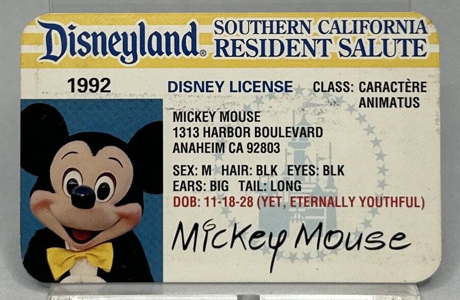 Vintage Disneyland Mickey Mouse Drivers License 1992 Park Admission Gift Ticket