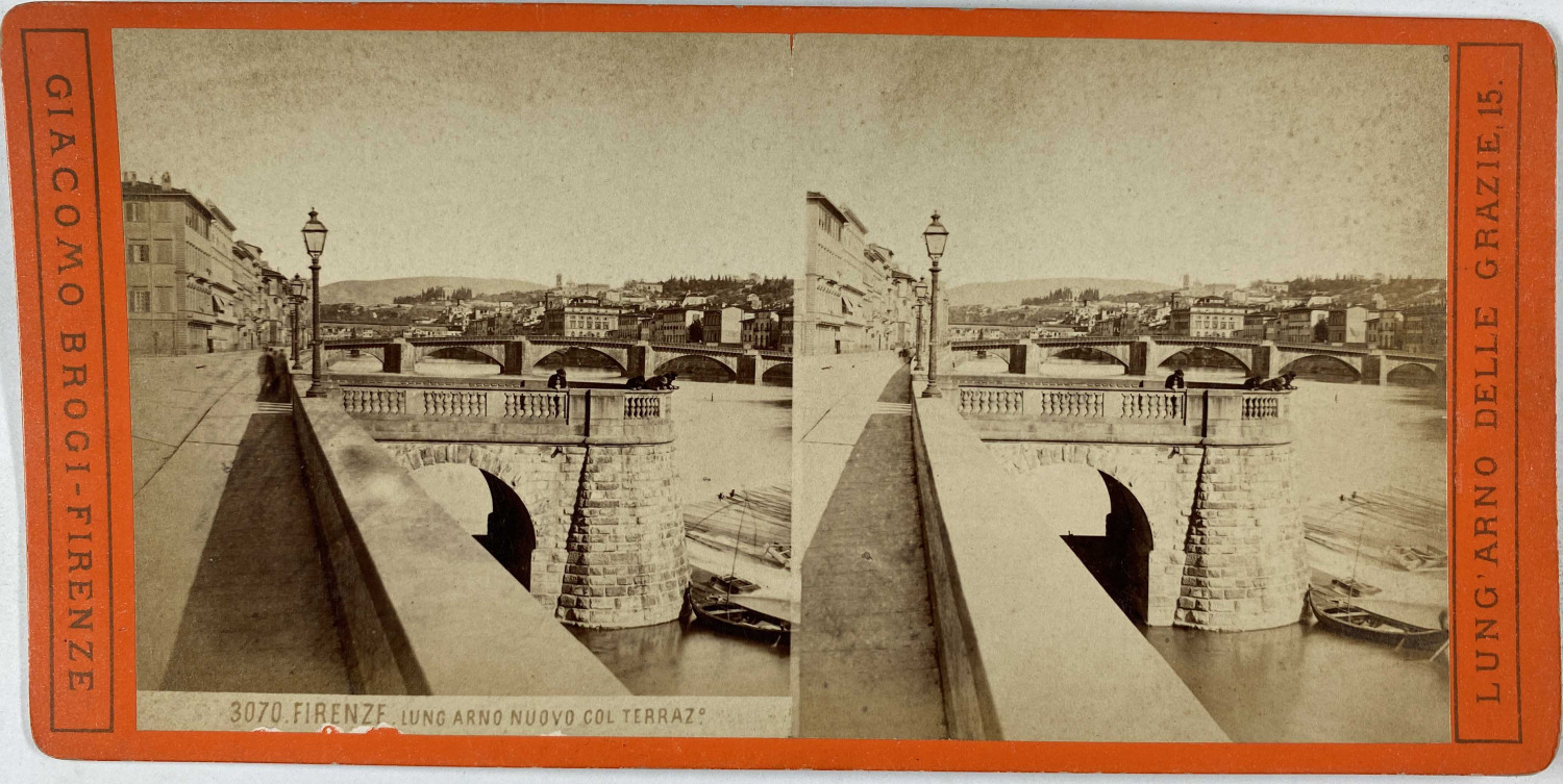 Brogi, Stereo, Italy, Florence, Lungarno New with Terrace Vintage Stereo Card,