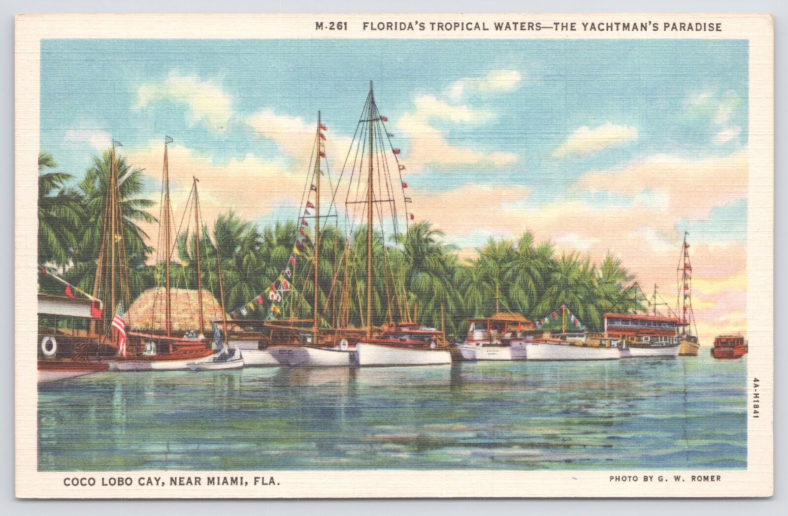 Coco Lobo Cay-Miami Florida~Yachts on Water\'s Edge~Linen Postcard
