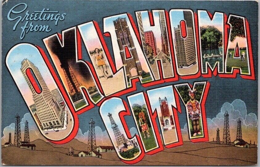 Vintage 1940s OKLAHOMA CITY Large Letter Postcard Oil Wells / KROPP Linen Unused