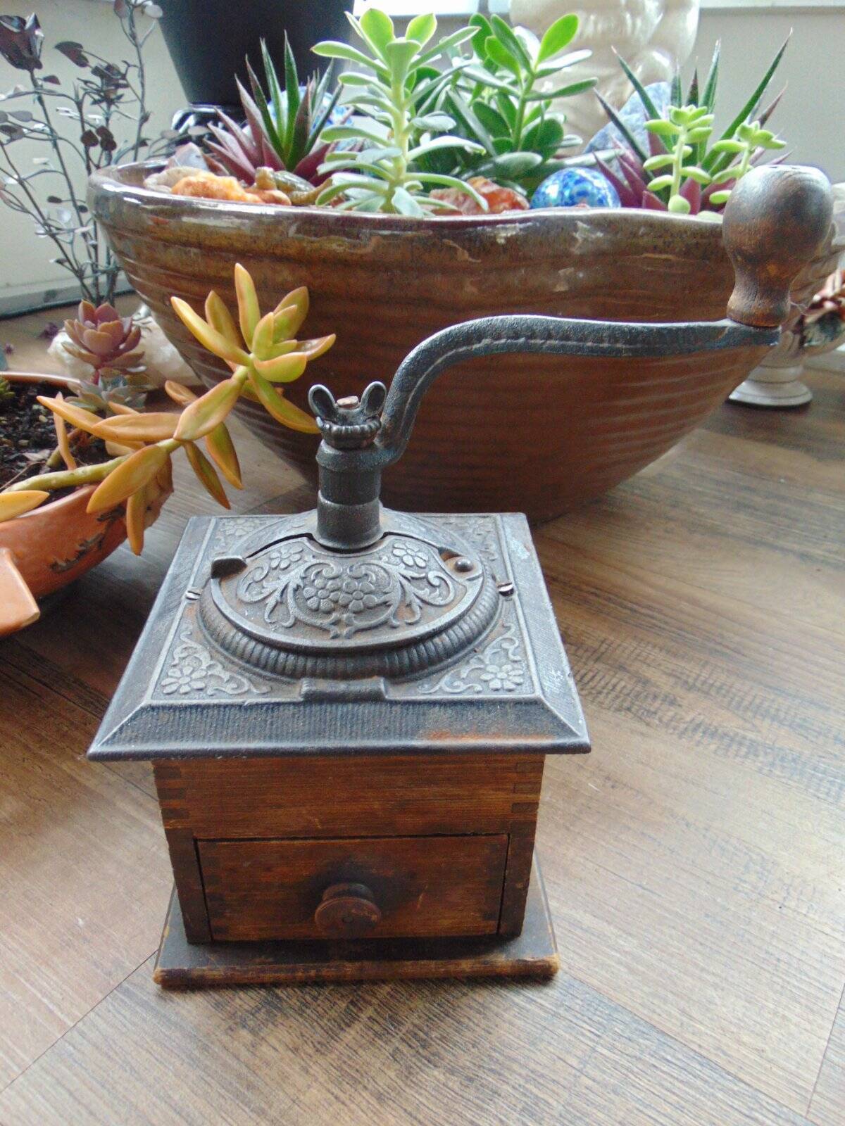 authentic antique old vintage COFFEE GRINDER MILL wood & cast metal