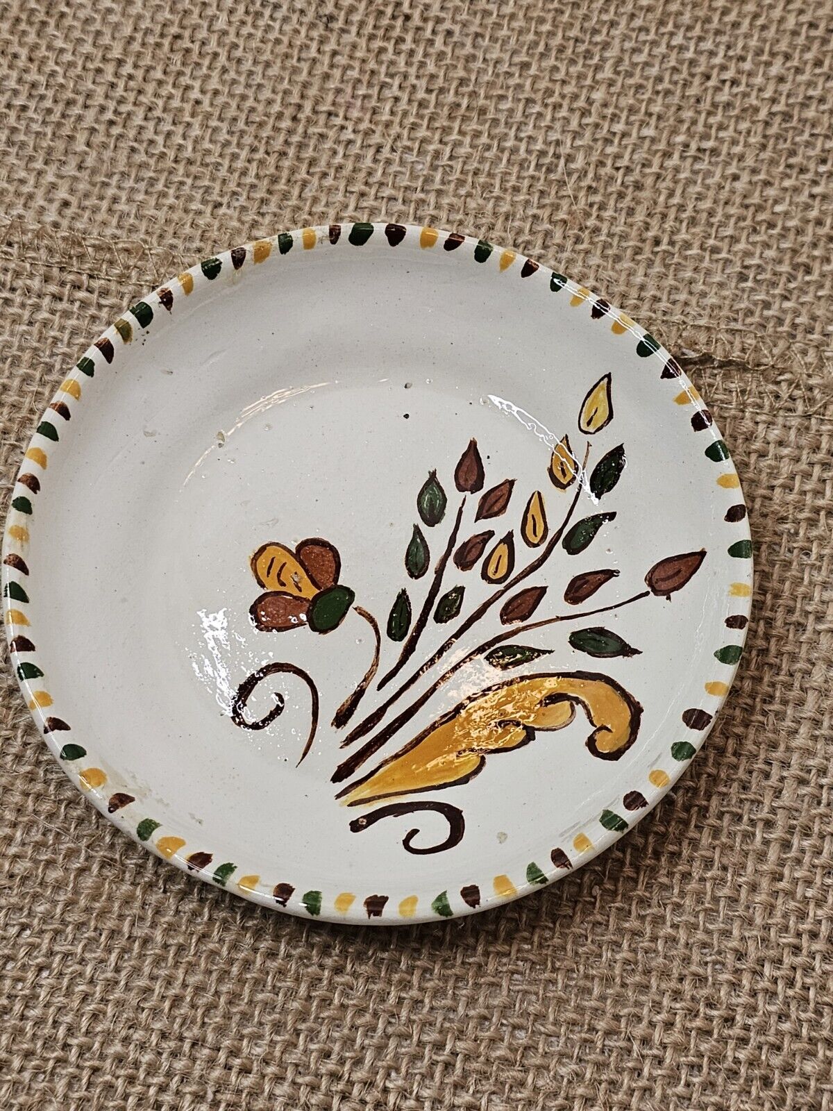 Vintage Ukrainian Pottery Trinket Dish Gold Flowers Leaves 3.5\