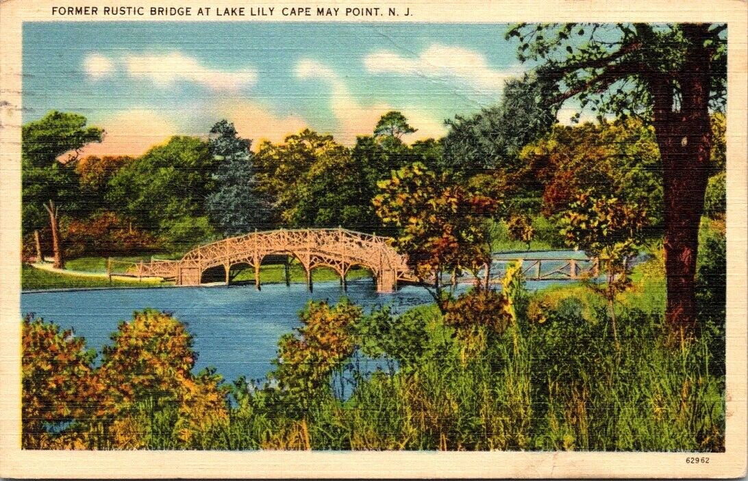 1941 Former Rustic Bridge Lake Lily Cape May New Jersey Vintage Postcard