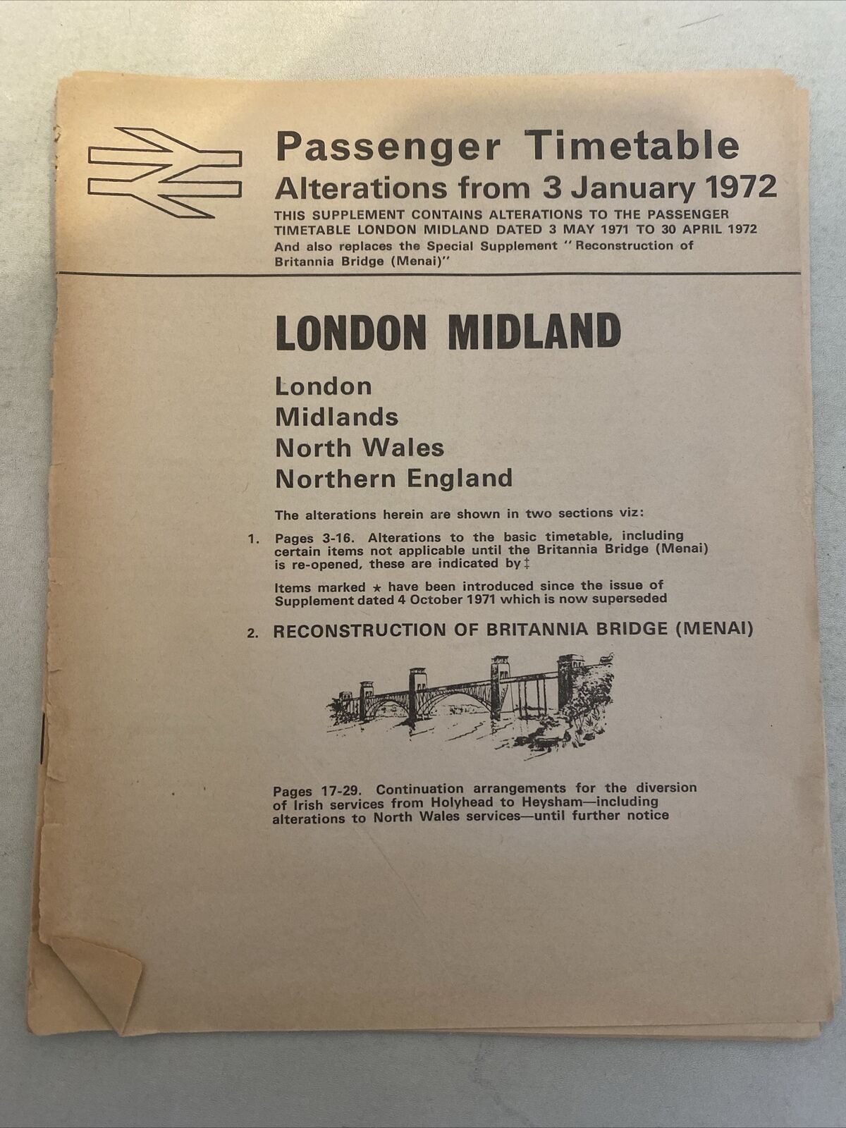 BRITISH RAIL ALTERATIONS PASSENGER SERVICES LONDON MIDLAND. 3RD JANUARY 1972.