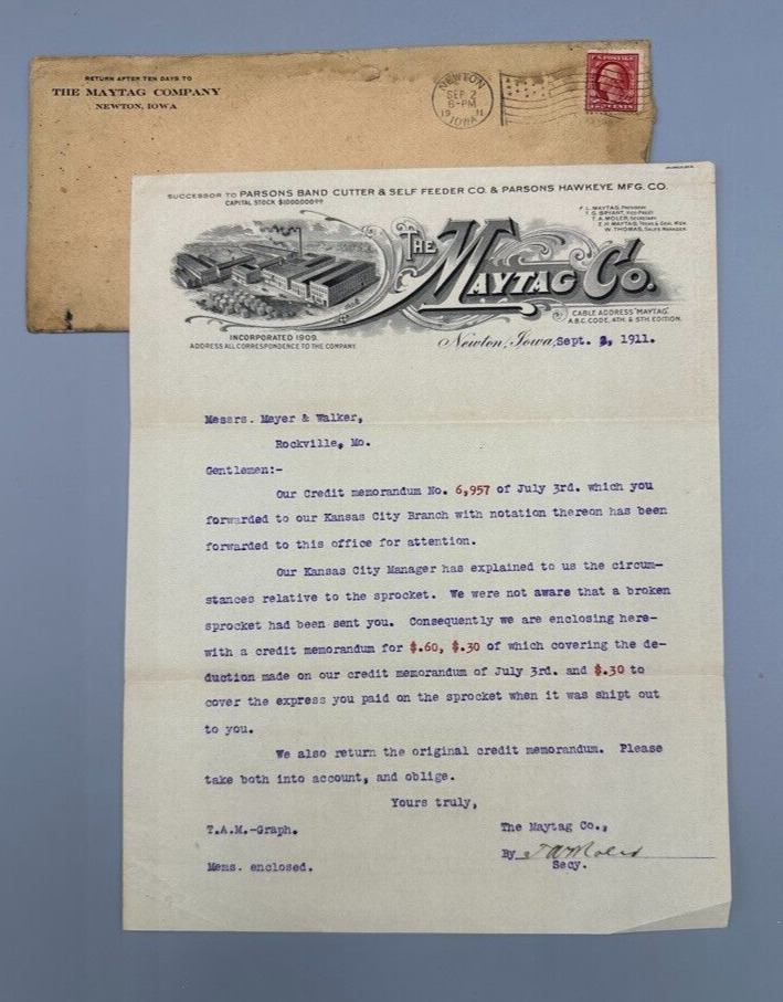 1911 MAYTAG Co Hawkeye Mfg NEWTON IOWA Antique Farm Advertising Letter
