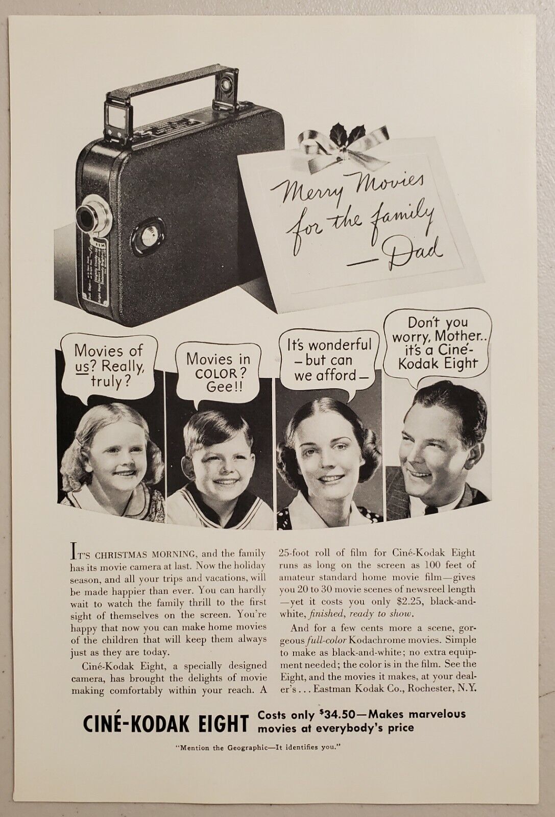 1937 Print Ad Cine-Kodak Eight Movie Cameras For the Family