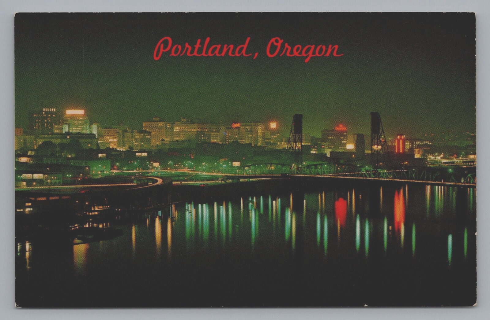 Postcard Oregon Portland Skyline Night View Marquam Bridge Willamette River B815