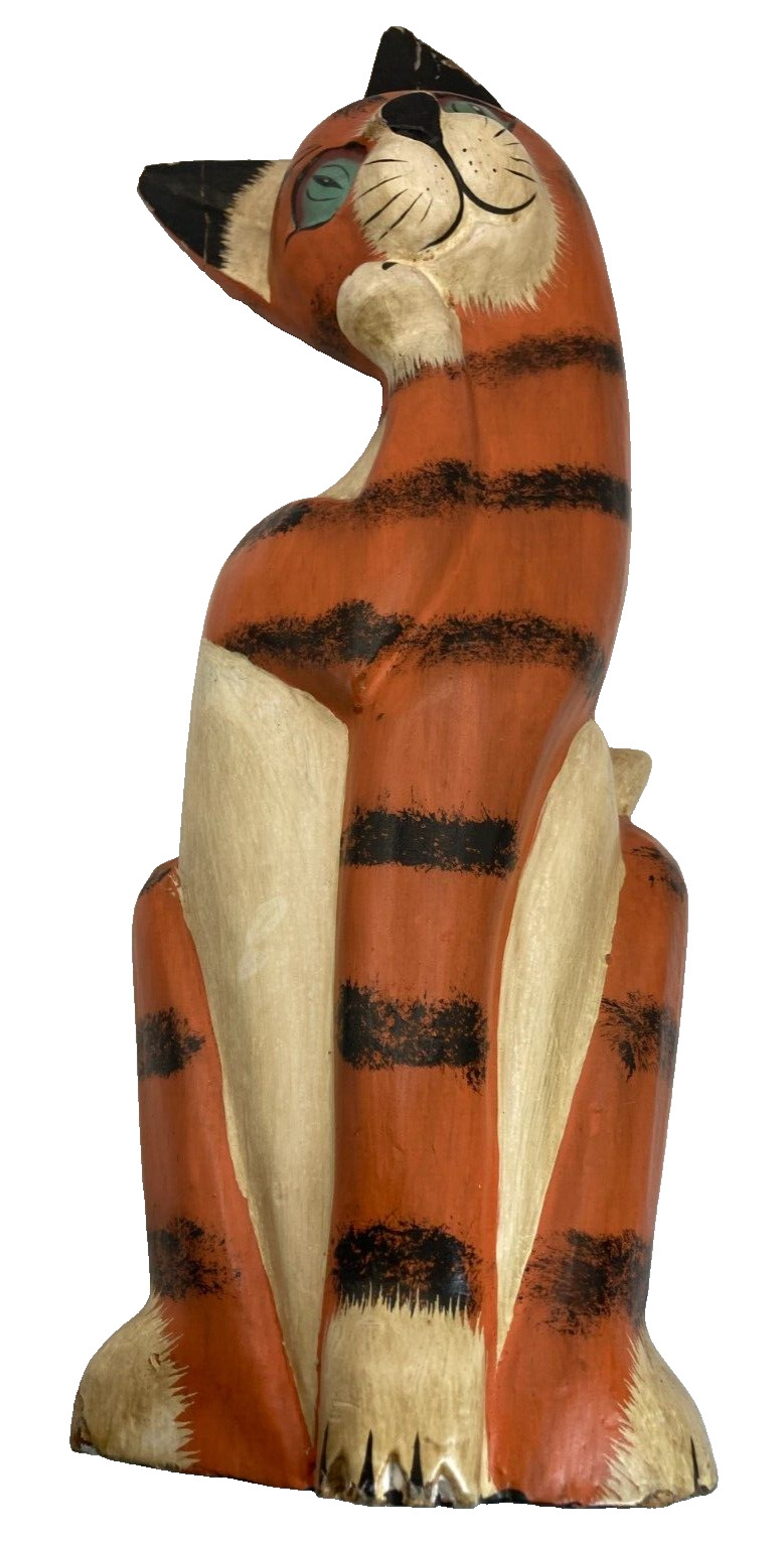 Vintage Hand Carved  Painted Wood Cat Figurine 40 cms