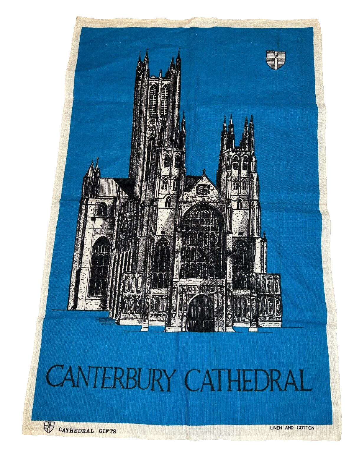 Vintage Canterbury Cathedral Tea Towel, Cathedral Gifts, Linen and Cotton Blue