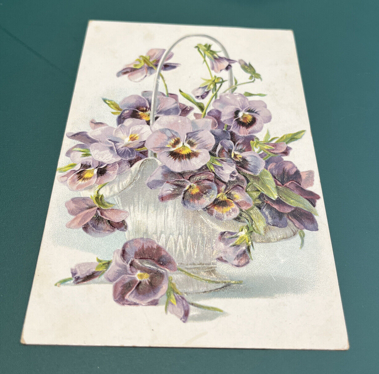 Tuck’s Vintage Postcard 1910 Pansies In White Basket  With White Background 
