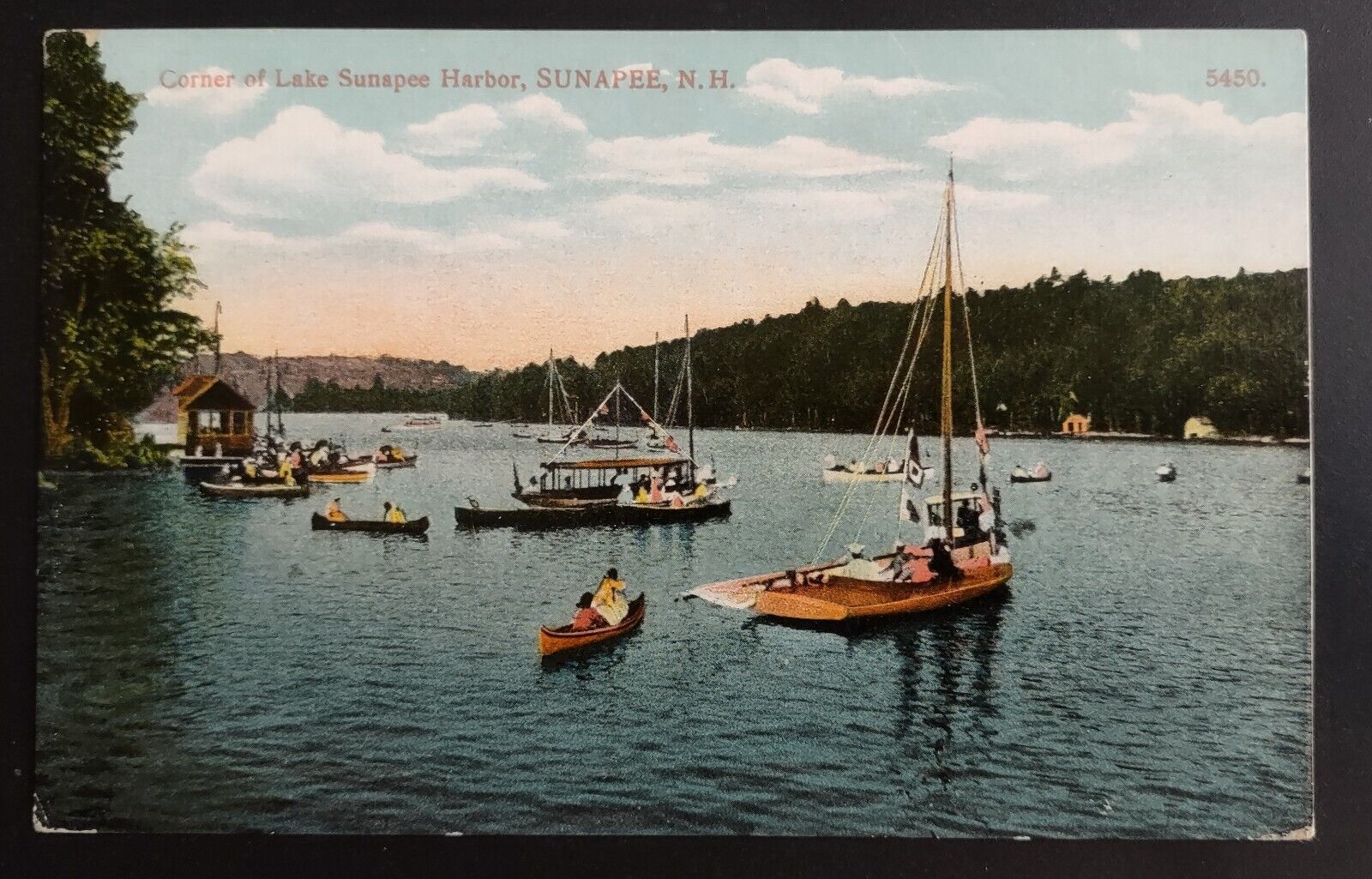 Postcard Corner Of Lake Sunapee Harbor New Hampshire Canoe Sailboat 
