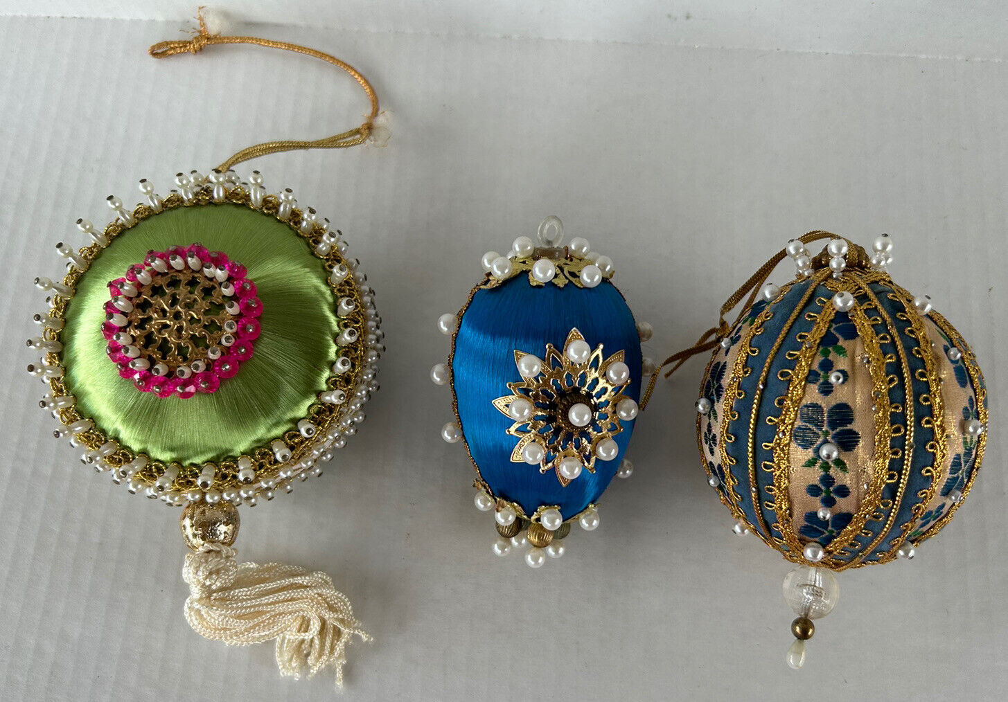 Vintage Christmas Ornaments Handmade Beaded Satin Pushpin Set Of 3