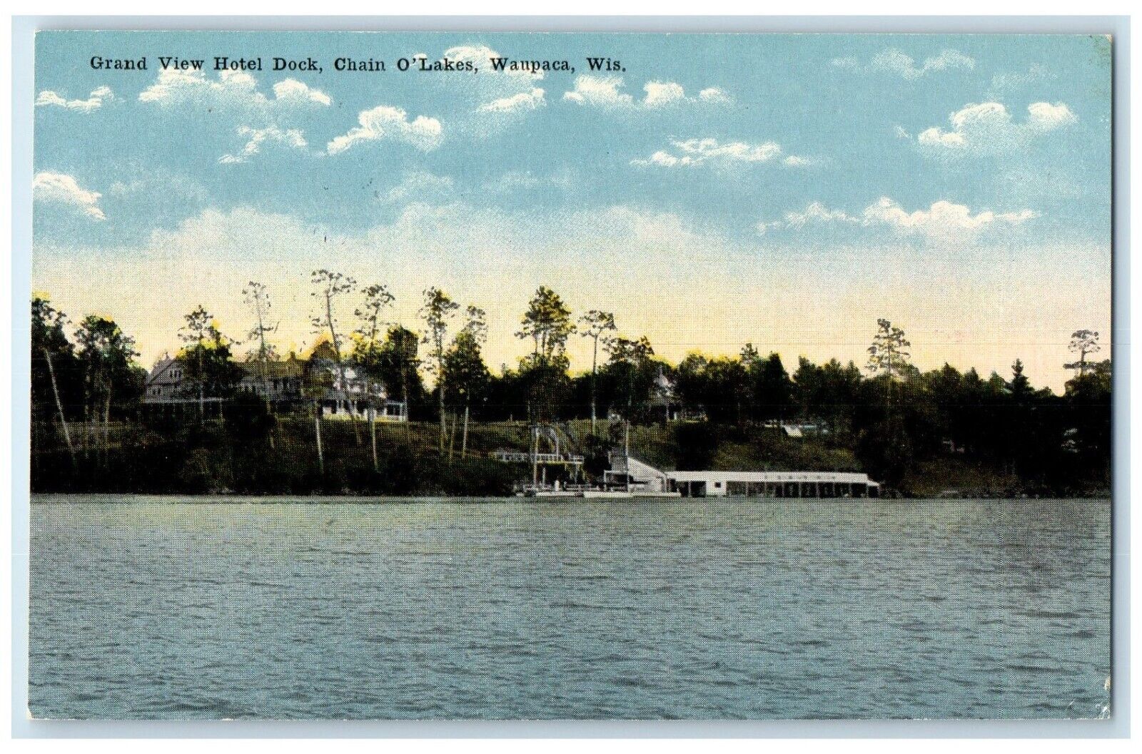 1917 Grand View Hotel Dock Chain O\'Lakes Waupaca Wisconsin WI Vintage Postcard