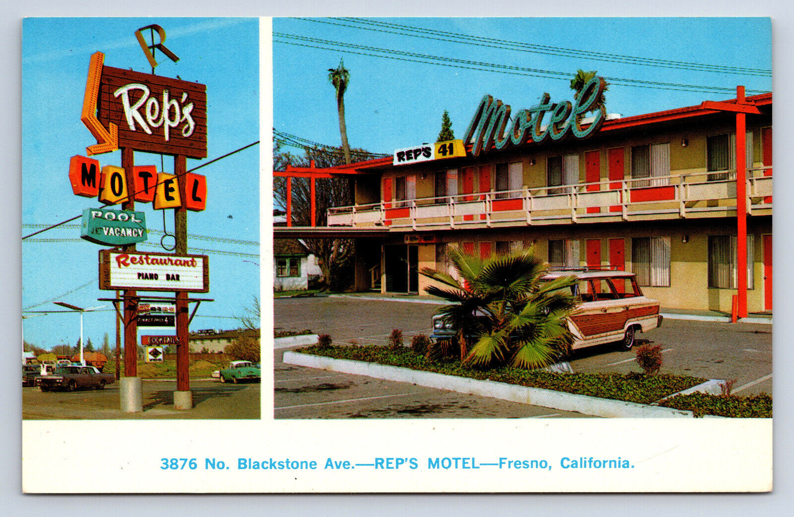 Vintage Postcard Rep\'s Motel Fresno California Old Station Wagon Car N6