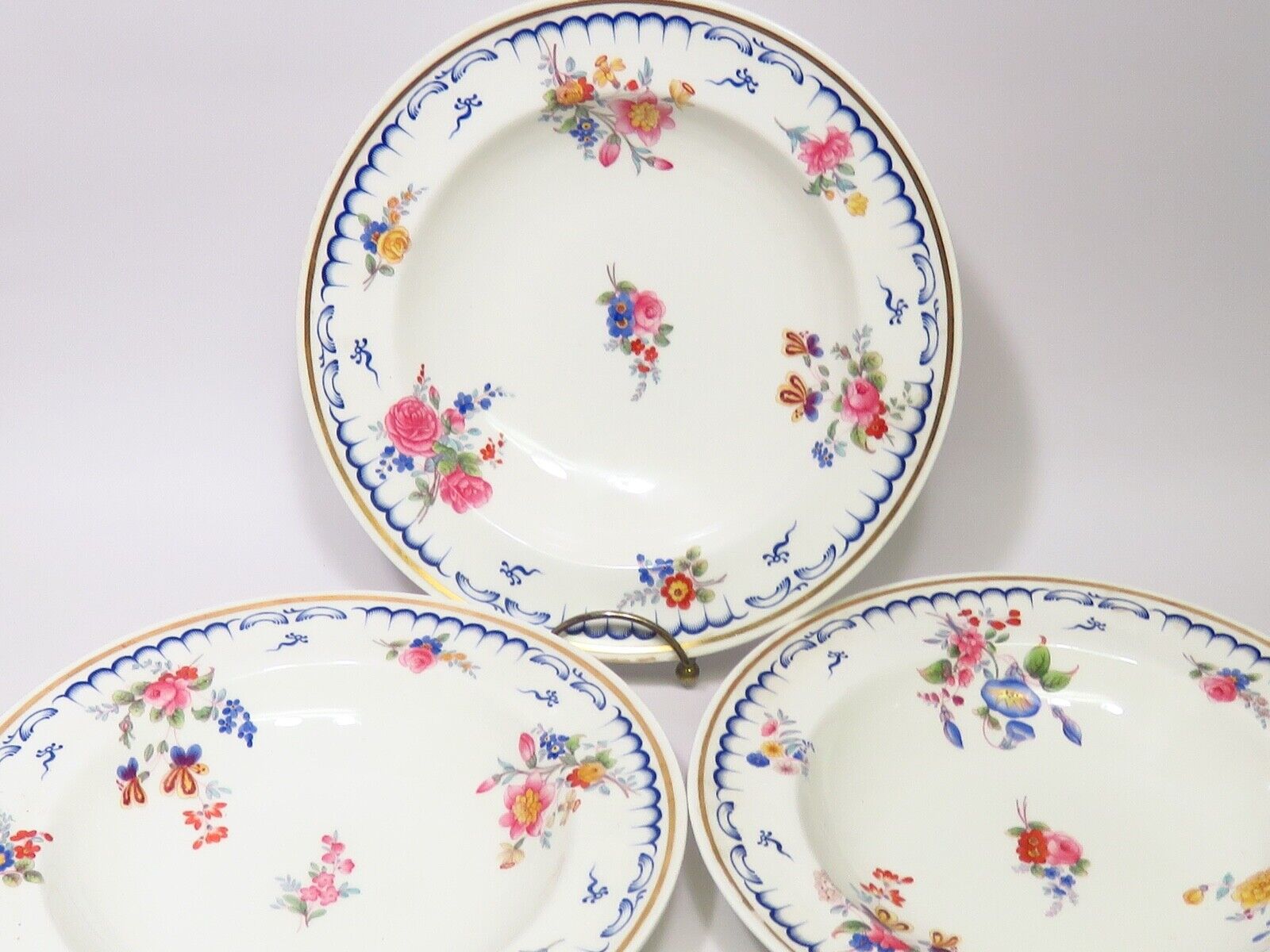 3 Antiq Mintons Porcelain Rimmed Soup Bowls 1873-91 Blue Rim Painted Floral 6461