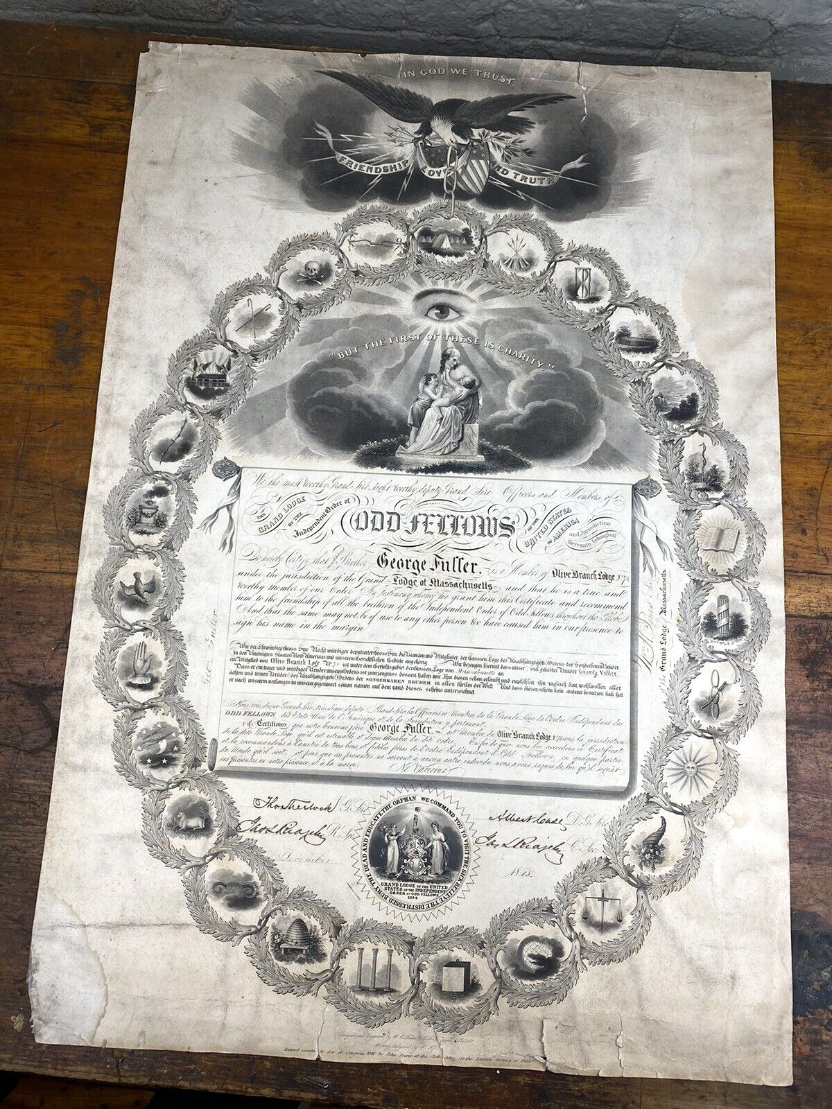 Rare 1845 I.O.O.F. Membership Cert., Olive Branch Lodge MASS ~ Iconic Symbols