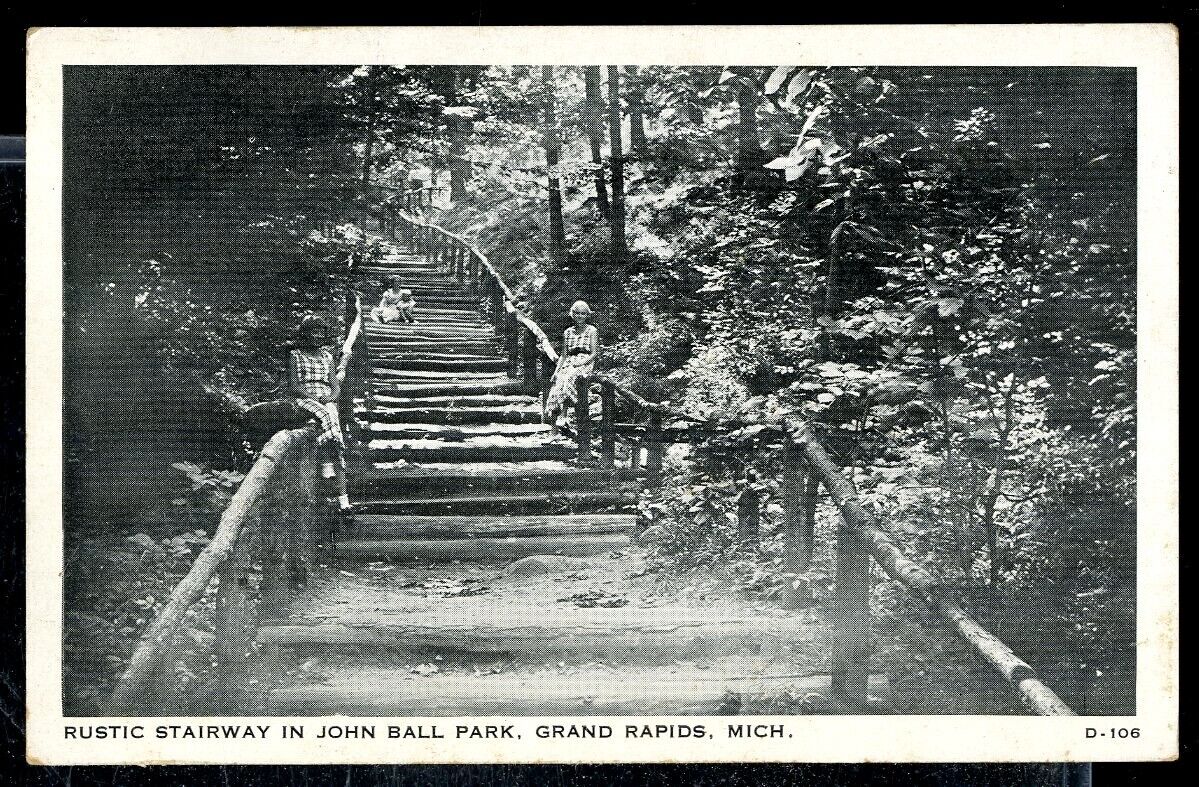 Vintage Postcard RPPC RUSTIC STAIRWAY IN JOHN BALL PARK, GRAND RAPIDS, MI 1936
