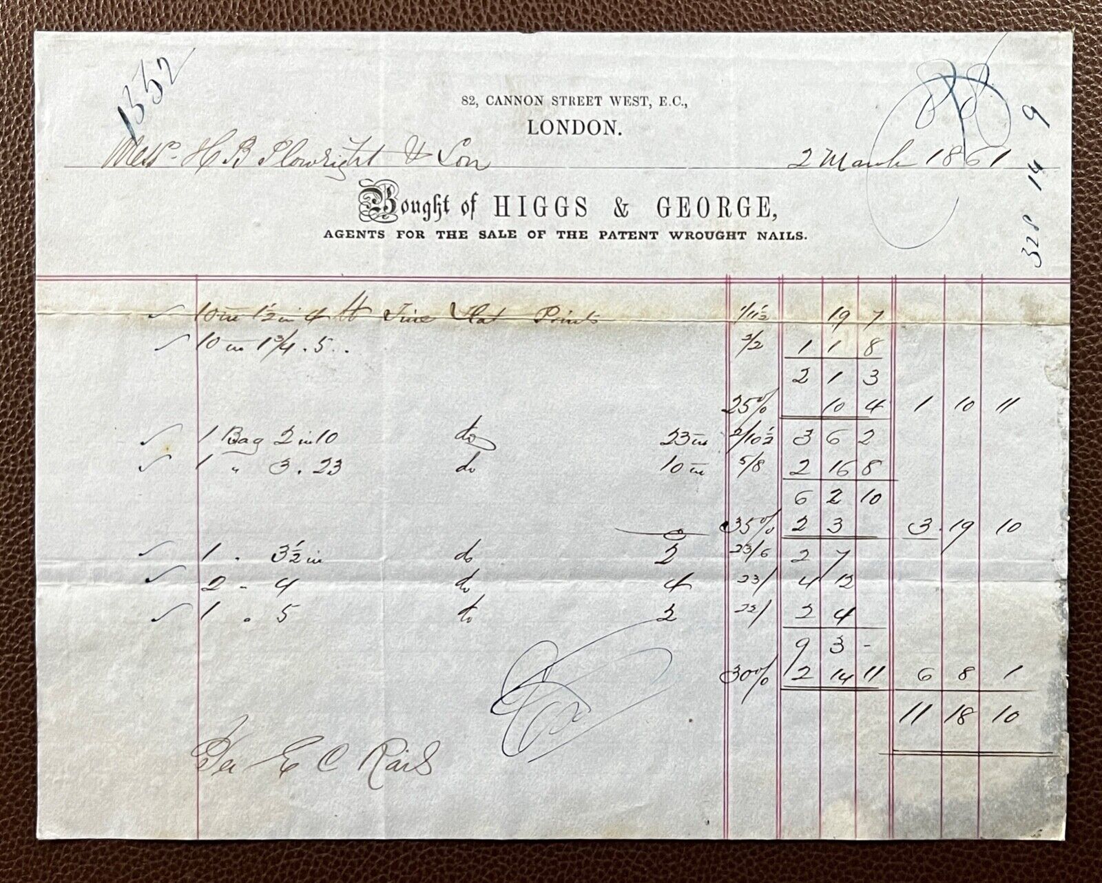 1861 Higgs & George, Wrought Nails Agent, Cannon Street, London Invoice