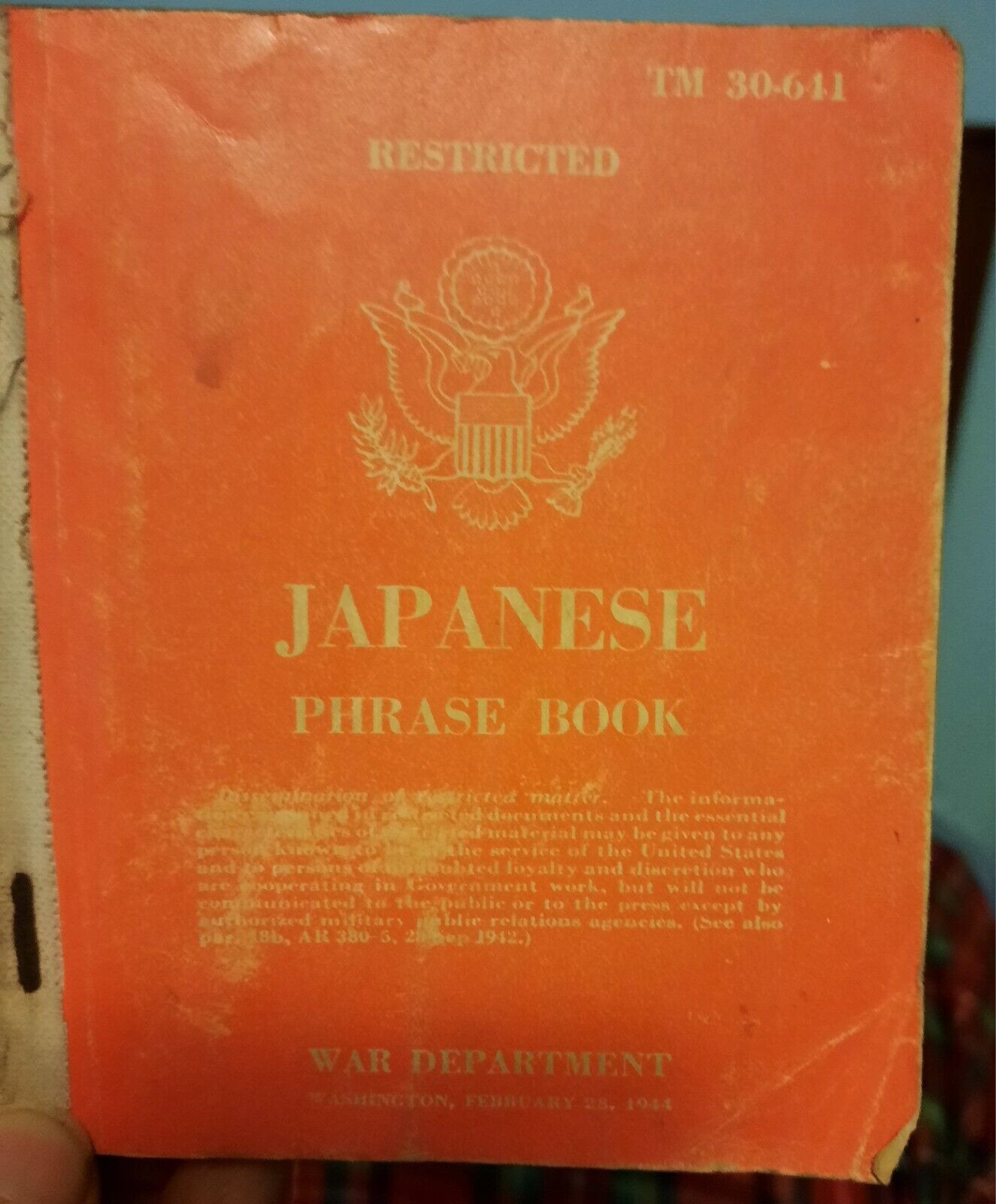 Vintage Japanese Phrase Book Orange Cover WW2 US War Department- Language